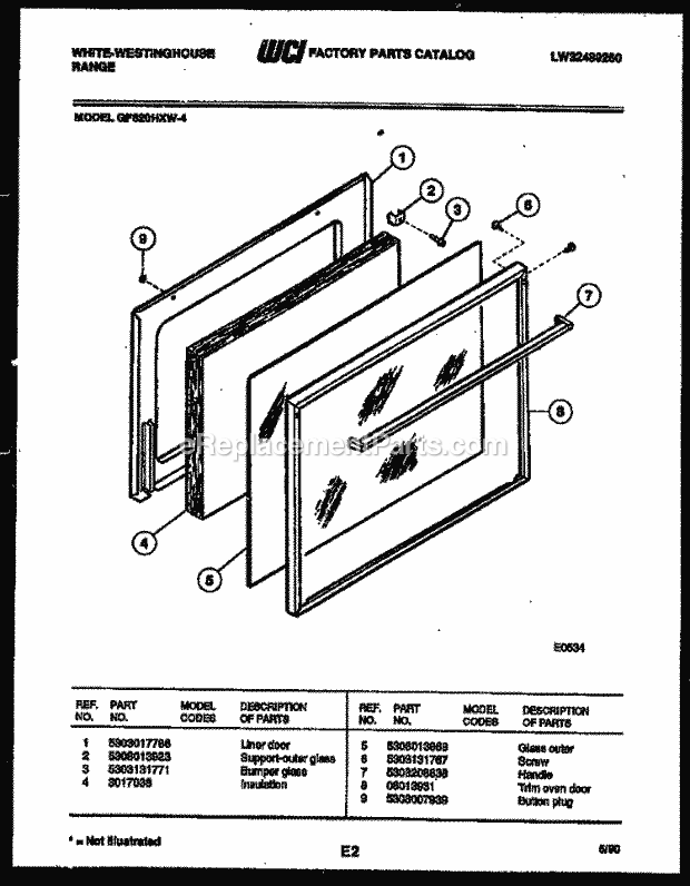 Frigidaire GF620HXW4 Wwh(V1) / Gas Range Door Parts Diagram