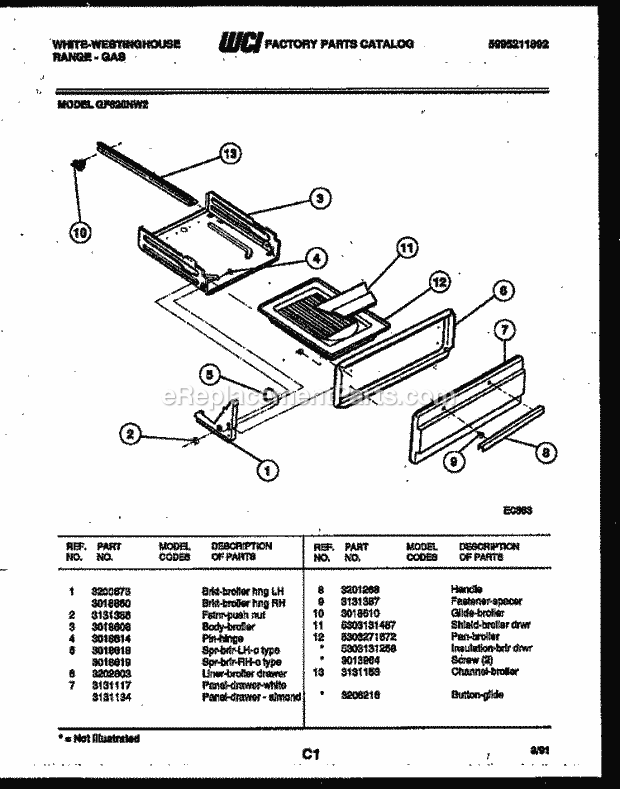 Frigidaire GF620NW2 Wwh(V1) / Gas Range Broiler Drawer Parts Diagram