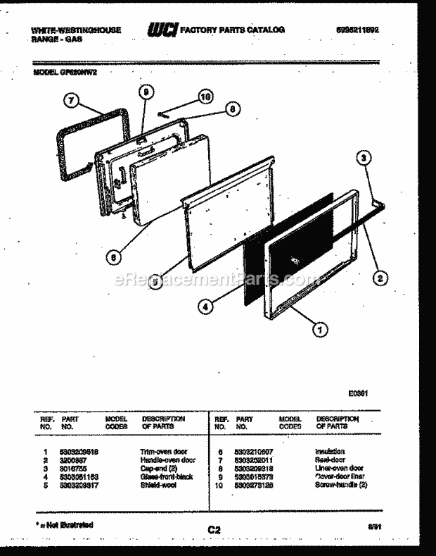 Frigidaire GF620NW2 Wwh(V1) / Gas Range Door Parts Diagram