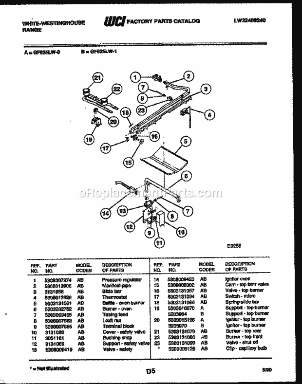 Frigidaire GF625LW1 Wwh(V3) / Gas Range Burner, Manifold and Gas Control Diagram