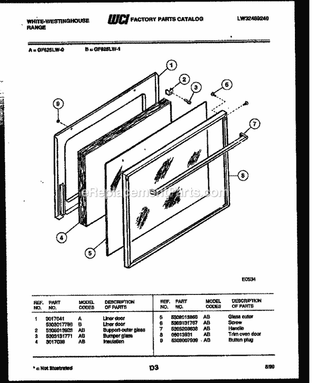 Frigidaire GF625LW1 Wwh(V3) / Gas Range Door Parts Diagram