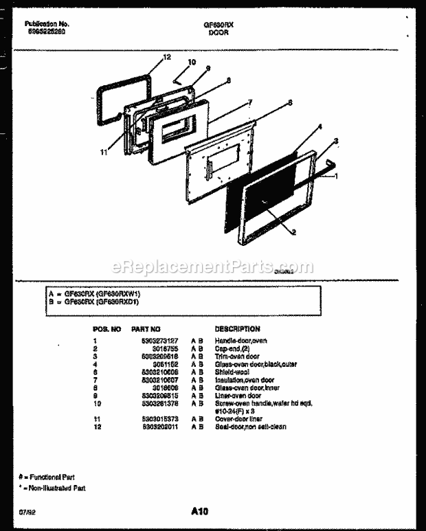 Frigidaire GF630RXD1 Wwh(V2) / Gas Range Door Parts Diagram