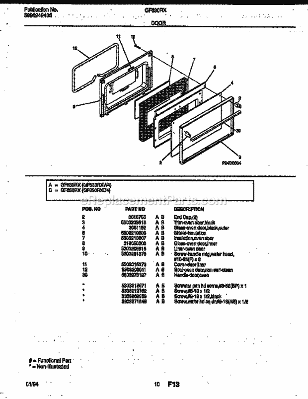 Frigidaire GF630RXD4 Wwh(V2) / Gas Range Door Parts Diagram