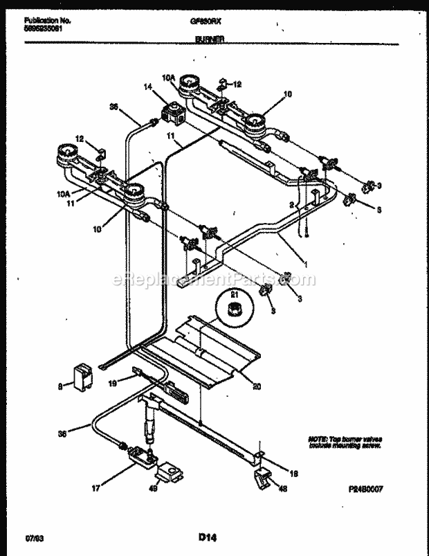 Frigidaire GF630RXW2 Wwh(V1) / Gas Range Burner, Manifold and Gas Control Diagram