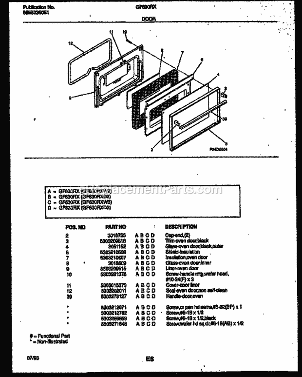 Frigidaire GF630RXW2 Wwh(V1) / Gas Range Door Parts Diagram