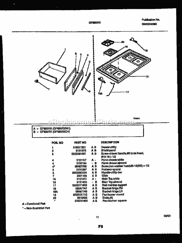 Frigidaire GF680RXW1 Wwh(V1) / Gas Range Drawer and Cooktop Parts Diagram