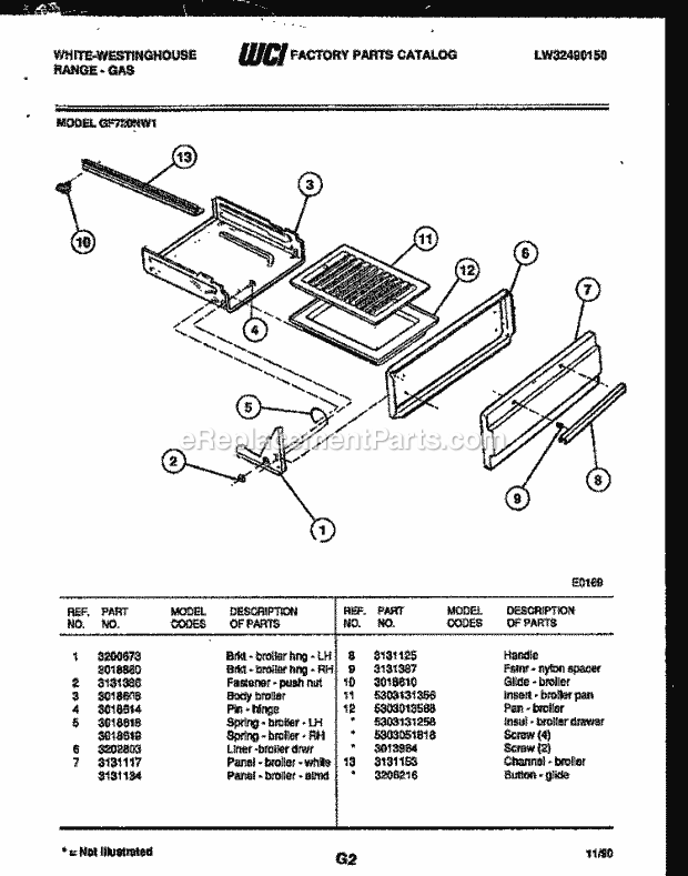 Frigidaire GF720ND1 Wwh(V2) / Gas Range Broiler Drawer Parts Diagram