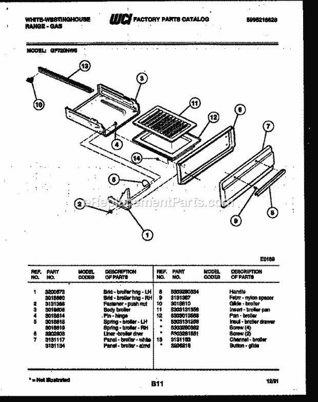 Frigidaire GF720NW5 Wwh(V1) / Gas Range Broiler Drawer Parts Diagram