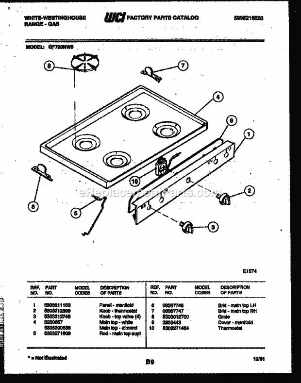 Frigidaire GF720NW5 Wwh(V1) / Gas Range Cooktop Parts Diagram