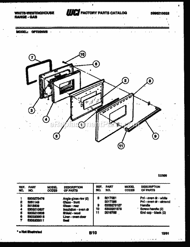 Frigidaire GF720NW5 Wwh(V1) / Gas Range Door Parts Diagram