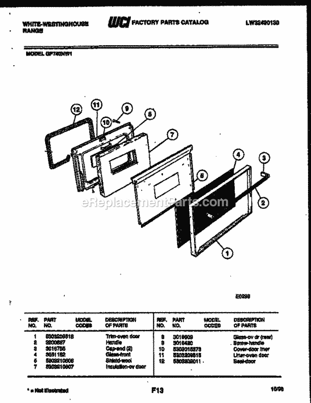 Frigidaire GF740ND1 Wwh(V2) / Gas Range Door Parts Diagram