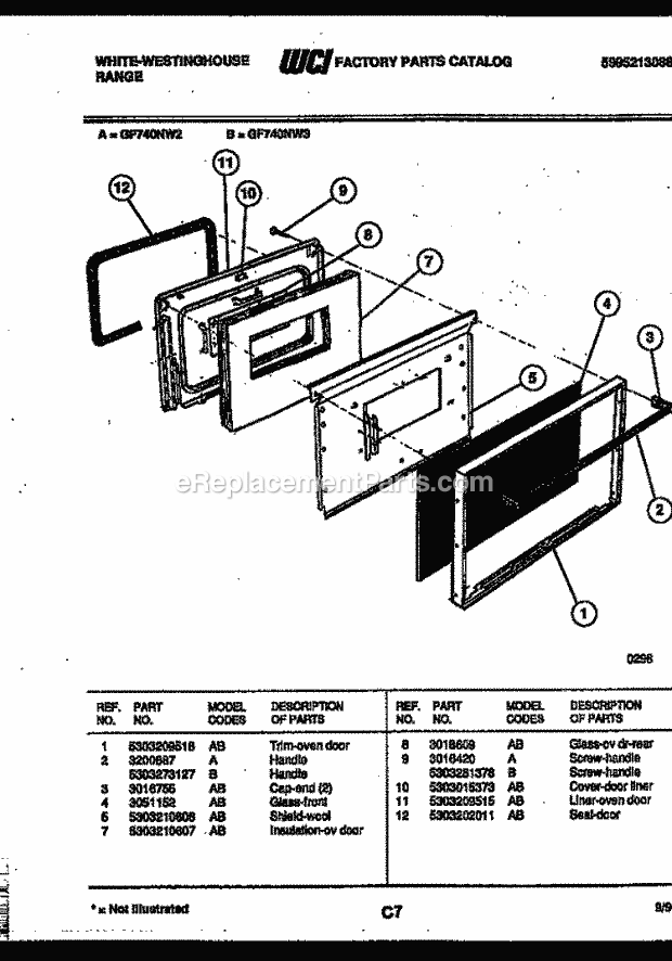 Frigidaire GF740ND2 Wwh(V2) / Gas Range Door Parts Diagram