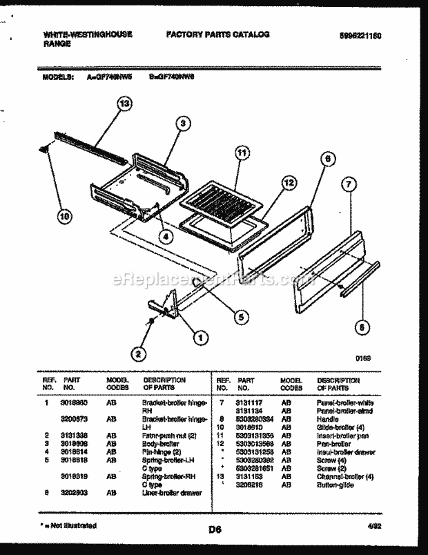 Frigidaire GF740ND6 Wwh(V4) / Gas Range Broiler Drawer Parts Diagram