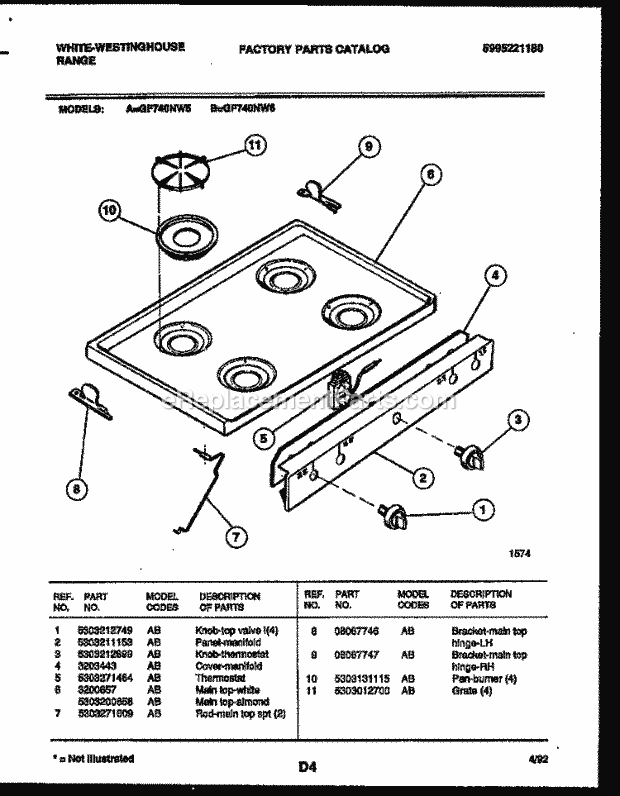 Frigidaire GF740ND6 Wwh(V4) / Gas Range Cooktop Parts Diagram