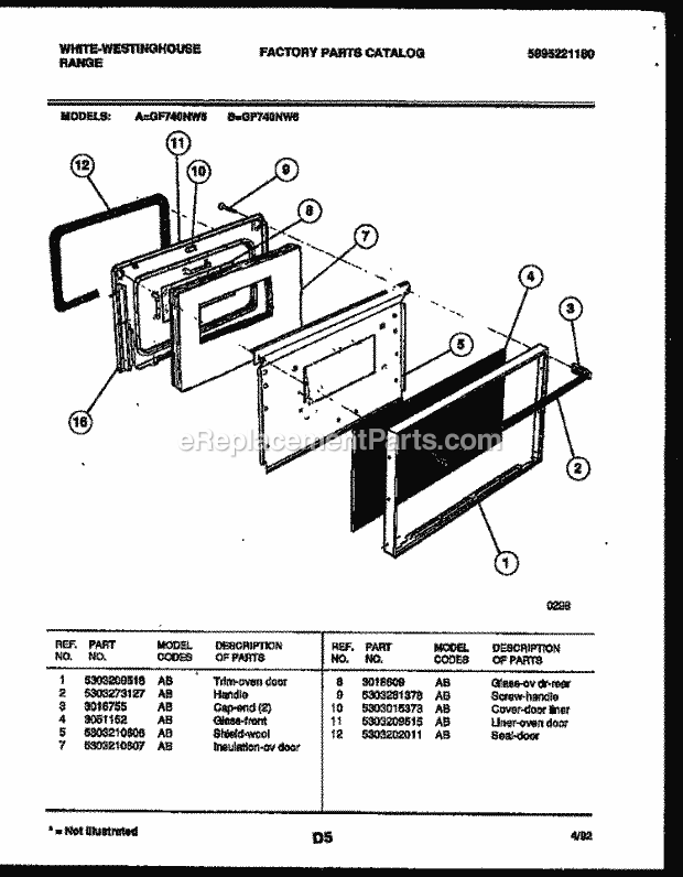 Frigidaire GF740ND6 Wwh(V4) / Gas Range Door Parts Diagram