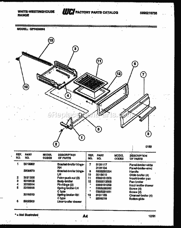 Frigidaire GF740NW4 Wwh(V1) / Gas Range Broiler Drawer Parts Diagram