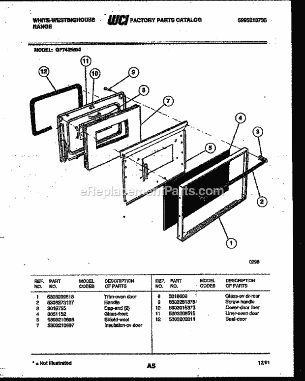 Frigidaire GF740NW4 Wwh(V1) / Gas Range Door Parts Diagram