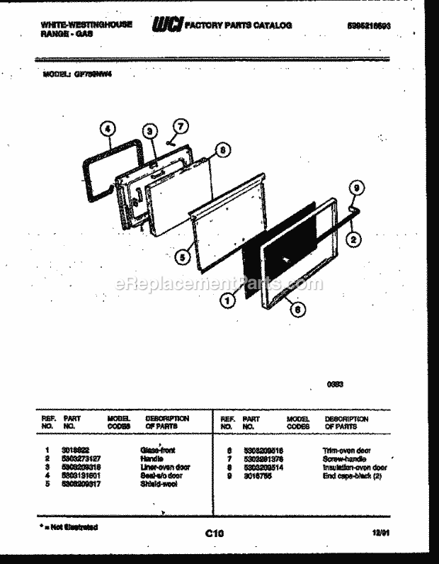 Frigidaire GF750ND4 Wwh(V2) / Gas Range Door Parts Diagram