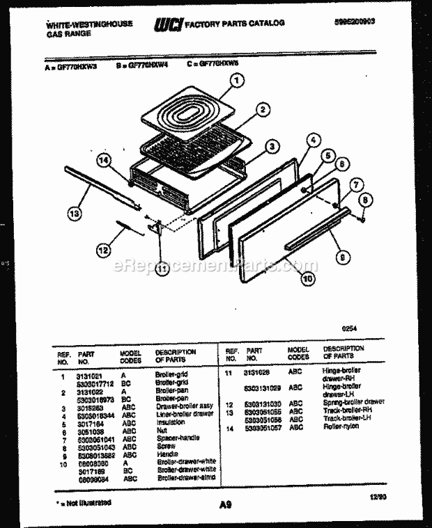 Frigidaire GF770HXW3 Wwh(V1) / Gas Range Broiler Drawer Parts Diagram