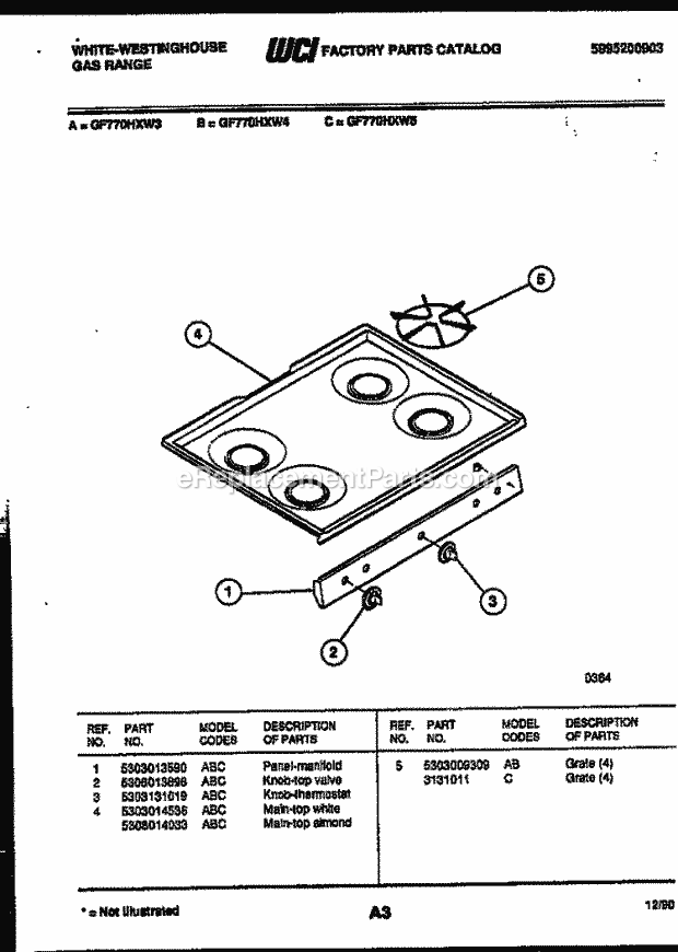 Frigidaire GF770HXW3 Wwh(V1) / Gas Range Cooktop Parts Diagram