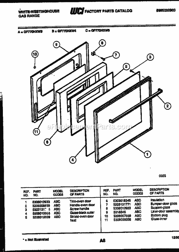 Frigidaire GF770HXW3 Wwh(V1) / Gas Range Door Parts Diagram
