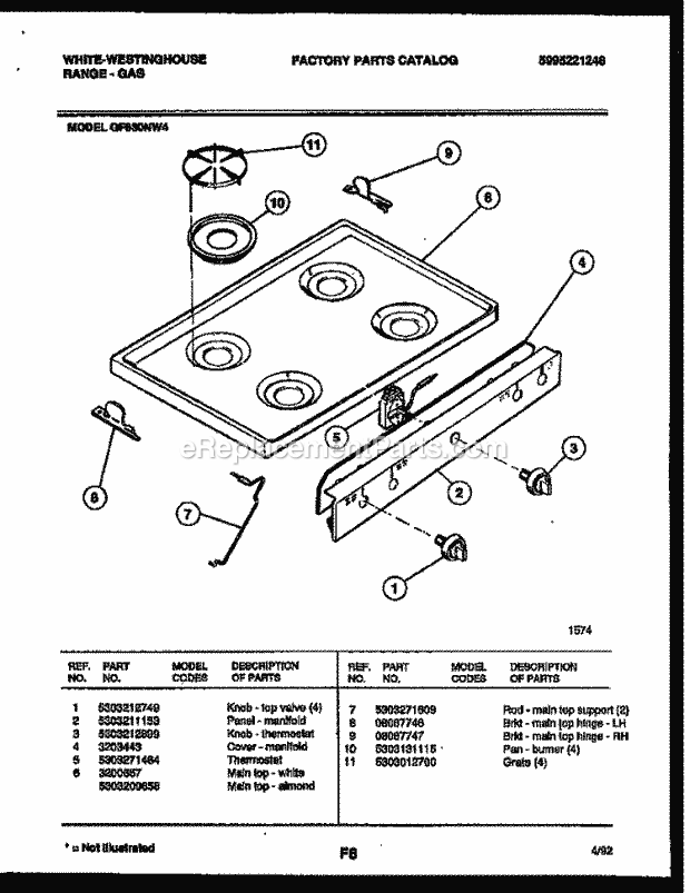 Frigidaire GF830ND4 Wwh(V2) / Gas Range Cooktop Parts Diagram