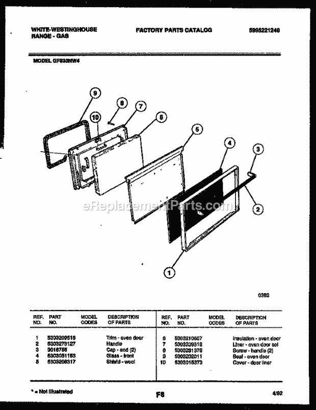 Frigidaire GF830ND4 Wwh(V2) / Gas Range Door Parts Diagram