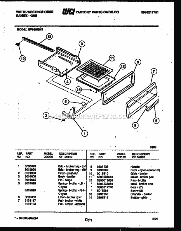 Frigidaire GF830NW2 Wwh(V1) / Gas Range Broiler Drawer Parts Diagram