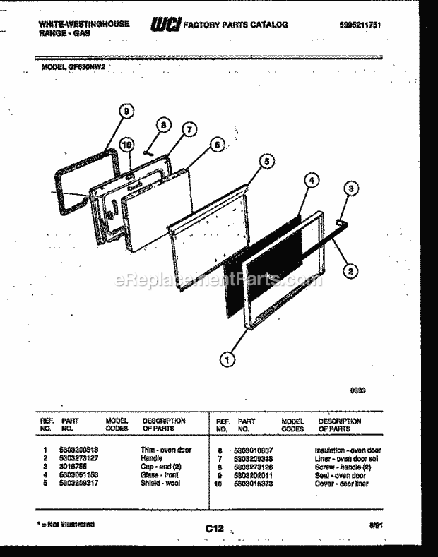 Frigidaire GF830NW2 Wwh(V1) / Gas Range Door Parts Diagram