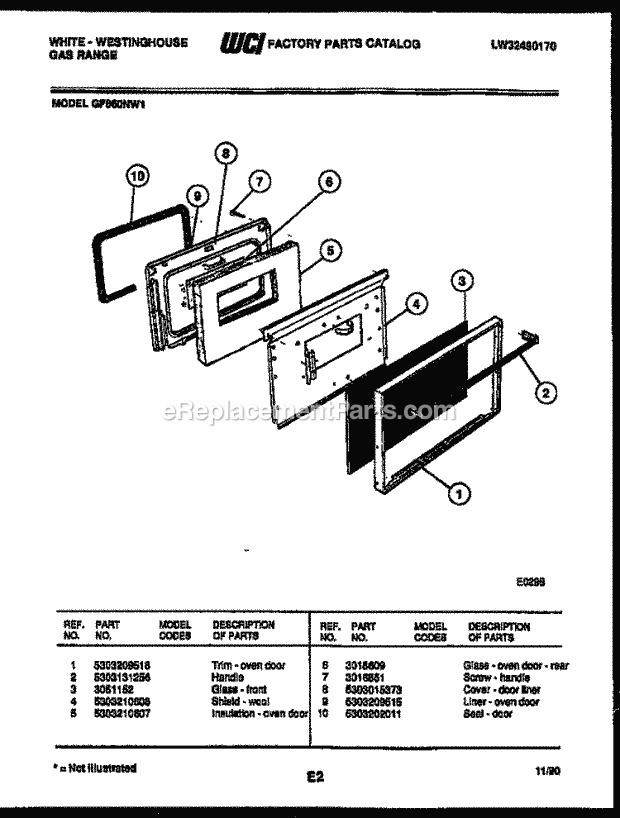 Frigidaire GF860ND1 Wwh(V2) / Gas Range Door Parts Diagram