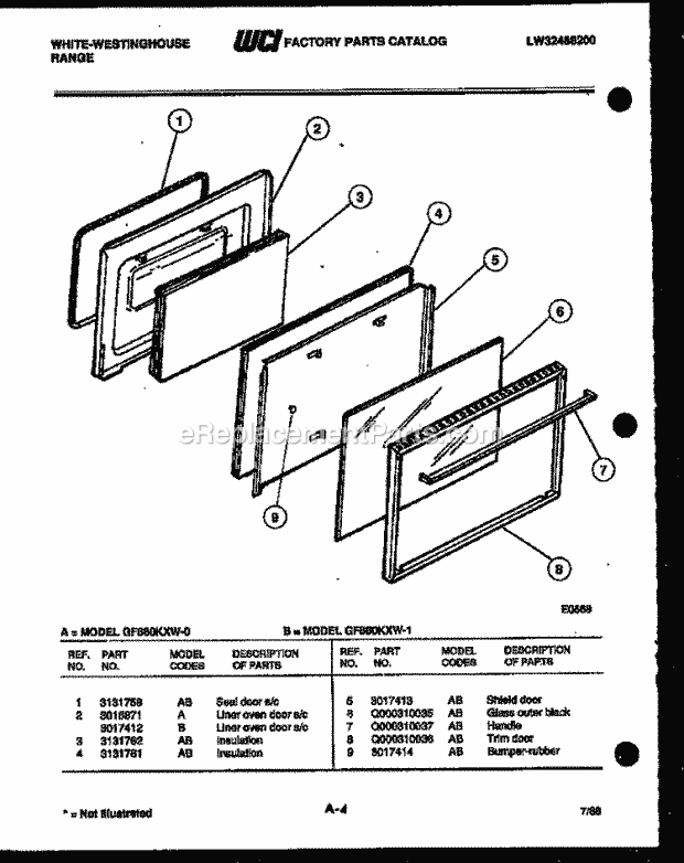 Frigidaire GF880KXD0 Wwh(V2) / Gas Range Door Parts Diagram