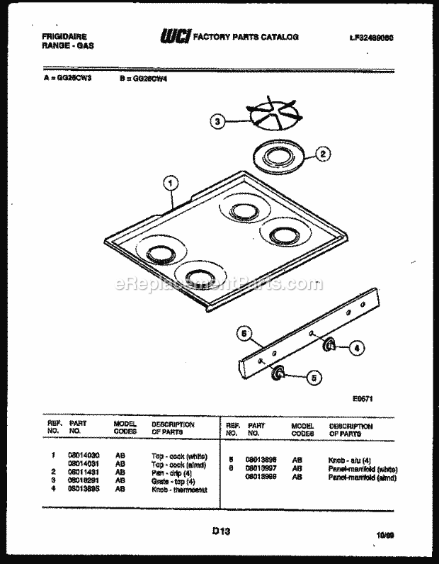 Frigidaire GG26CL3 Freestanding, Gas Range Gas Cooktop Parts Diagram