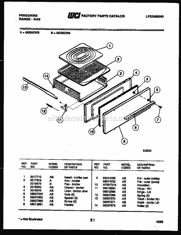 Frigidaire GG26CW3 Freestanding, Gas Range Gas Broiler Drawer Parts Diagram
