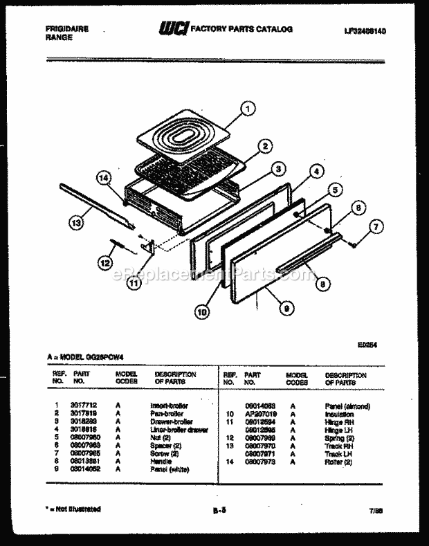 Frigidaire GG26PCW4 Freestanding, Electric Range Electric Broiler Drawer Parts Diagram