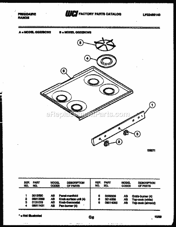Frigidaire GG32BCW2 Freestanding, Gas Range Gas Cooktop Parts Diagram