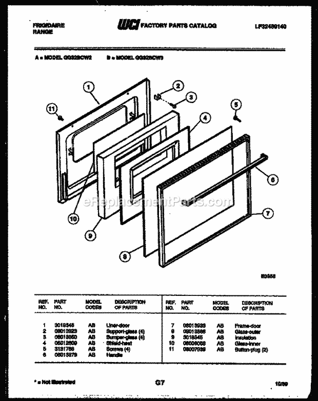 Frigidaire GG32BCW2 Freestanding, Gas Range Gas Door Parts Diagram