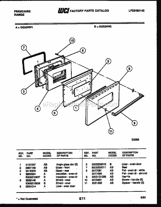 Frigidaire GG32NL1 Freestanding, Gas Range Gas Door Parts Diagram