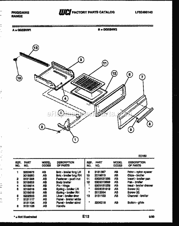 Frigidaire GG32NW2 Freestanding, Gas Range Gas Broiler Drawer Parts Diagram