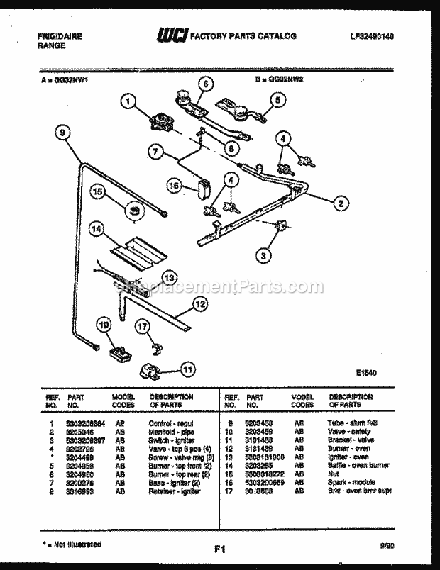 Frigidaire GG32NW2 Freestanding, Gas Range Gas Burner, Manifold and Gas Control Diagram