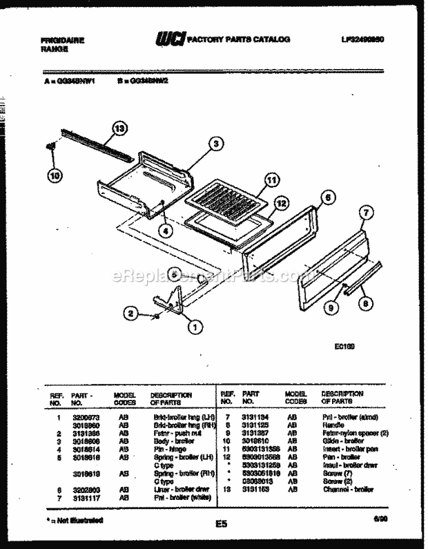 Frigidaire GG34BNL1 Freestanding, Gas Range Gas Broiler Drawer Parts Diagram