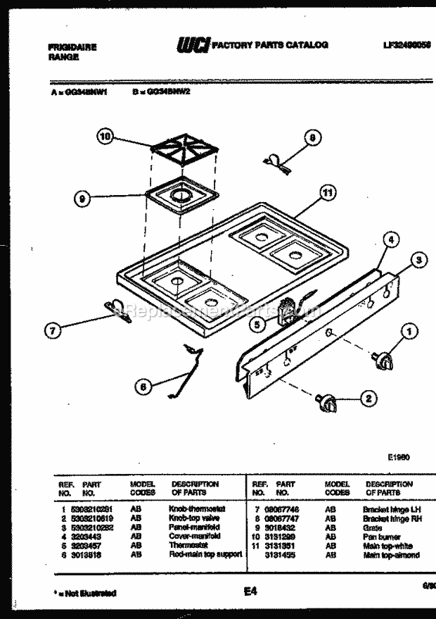 Frigidaire GG34BNL1 Freestanding, Gas Range Gas Cooktop Parts Diagram