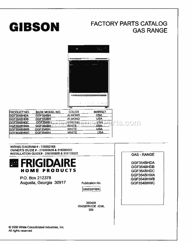 Frigidaire GGF354BHWB Gibson/Gas Range Page D Diagram