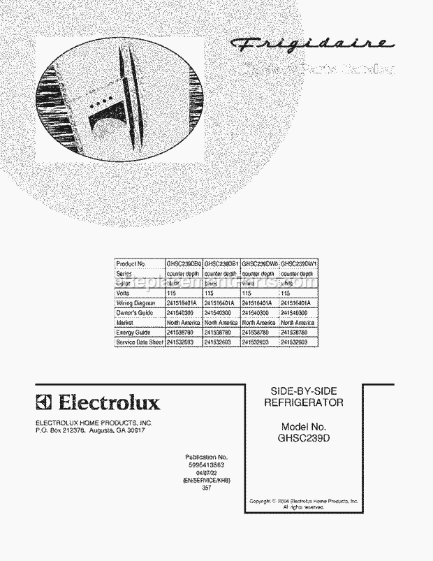Frigidaire GHSC239DW1 Side-By-Side Refrigerator Page C Diagram