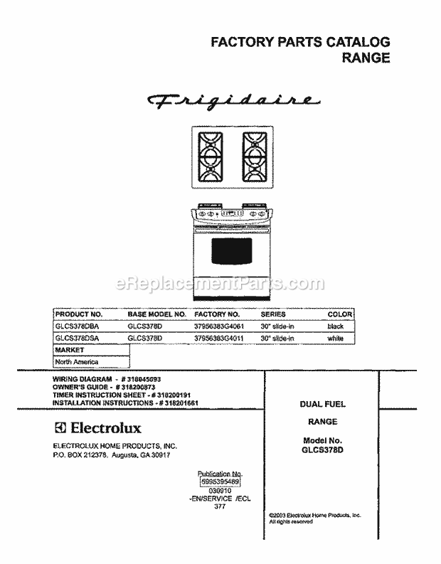 Frigidaire GLCS378DBA Slide-In, Electric Gas Combo Gas Range Page D Diagram