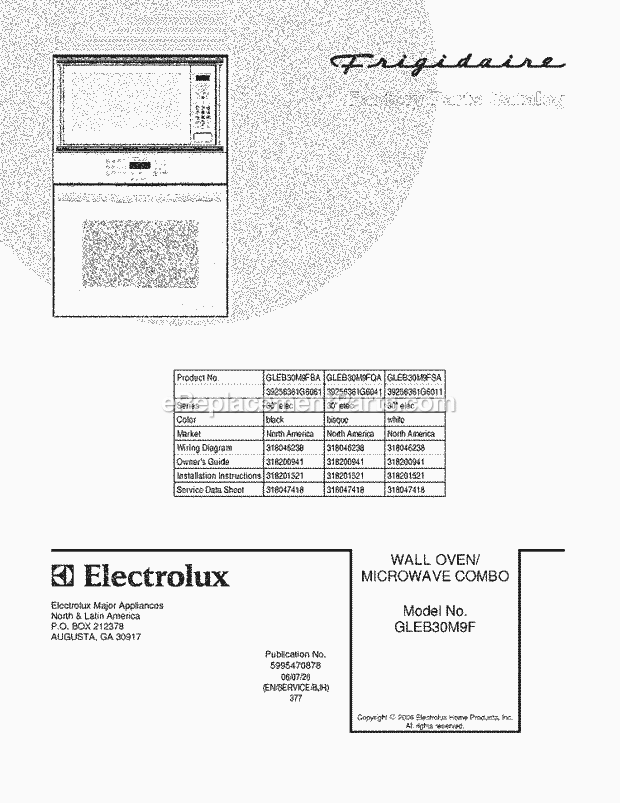 Frigidaire GLEB30M9FQA Wall Oven Microwave Combo, Electric Electric Oven W/Microwave Page B Diagram