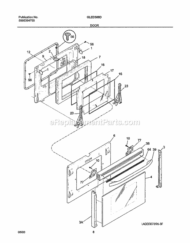 Frigidaire GLED388DBA Drop-In, Electric Electric Range Door Diagram