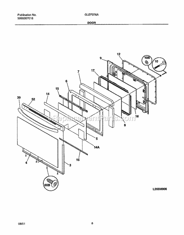 Frigidaire GLEF376AQA Freestanding, Electric Electric Range Door Diagram