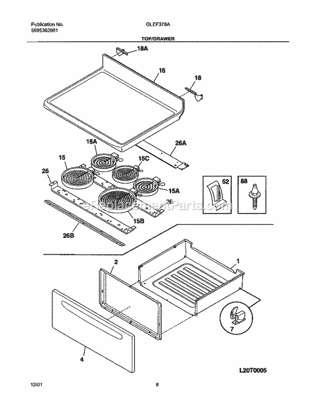 Frigidaire GLEF378ABC Freestanding, Electric Electric Range Top / Drawer Diagram