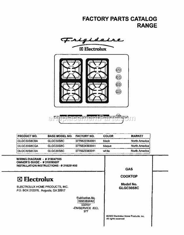 Frigidaire GLGC30S8CSA Gas Gas Cooktop Page C Diagram