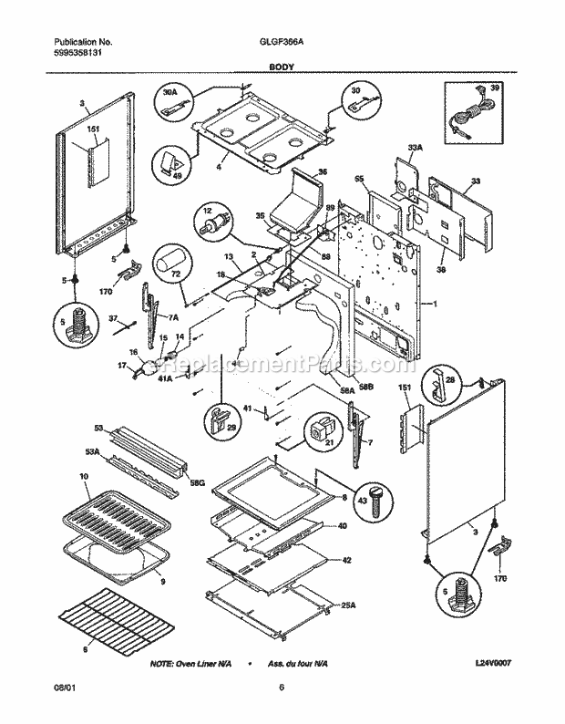 Frigidaire GLGF366ABB Freestanding, Gas Range Body Diagram